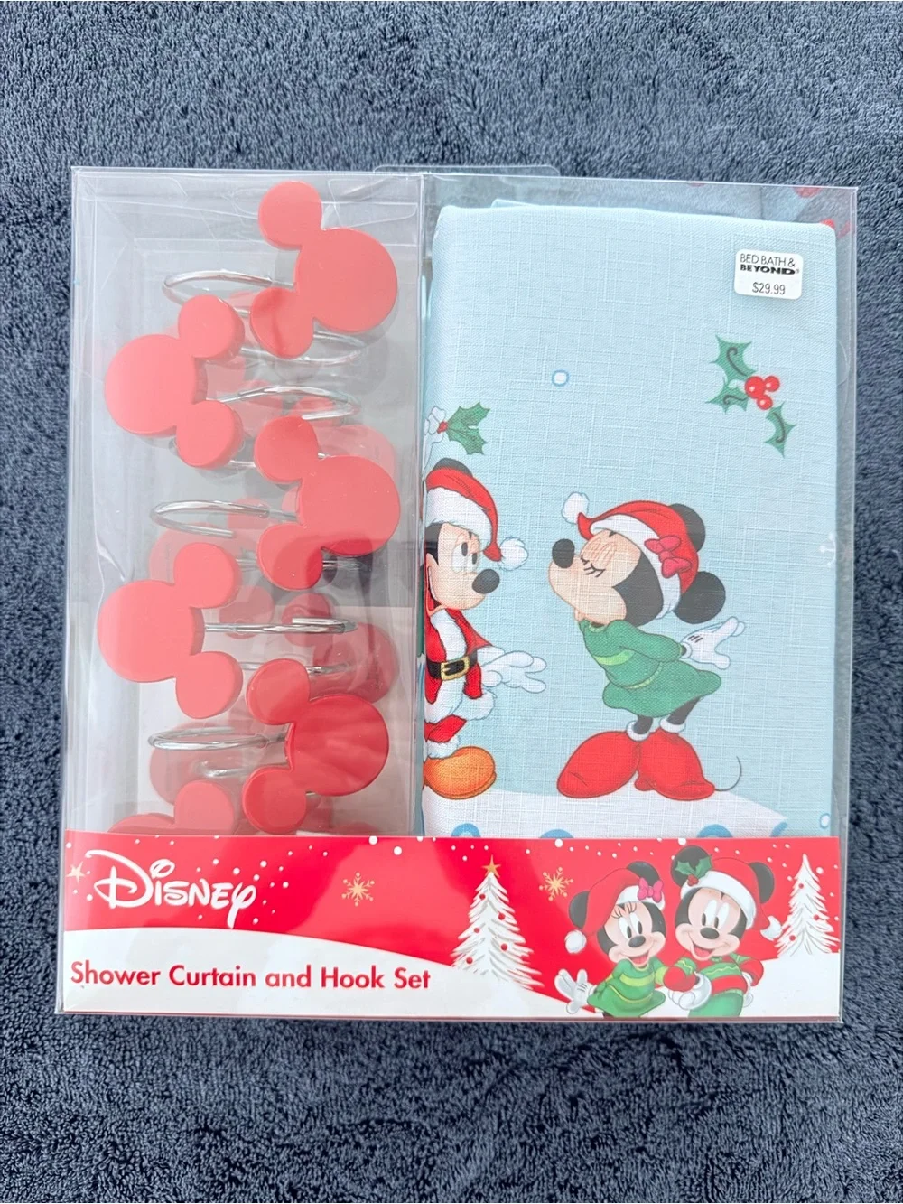 Disney Holiday Mickey & Minnie Shower Curtain Set in Light Blue and Red